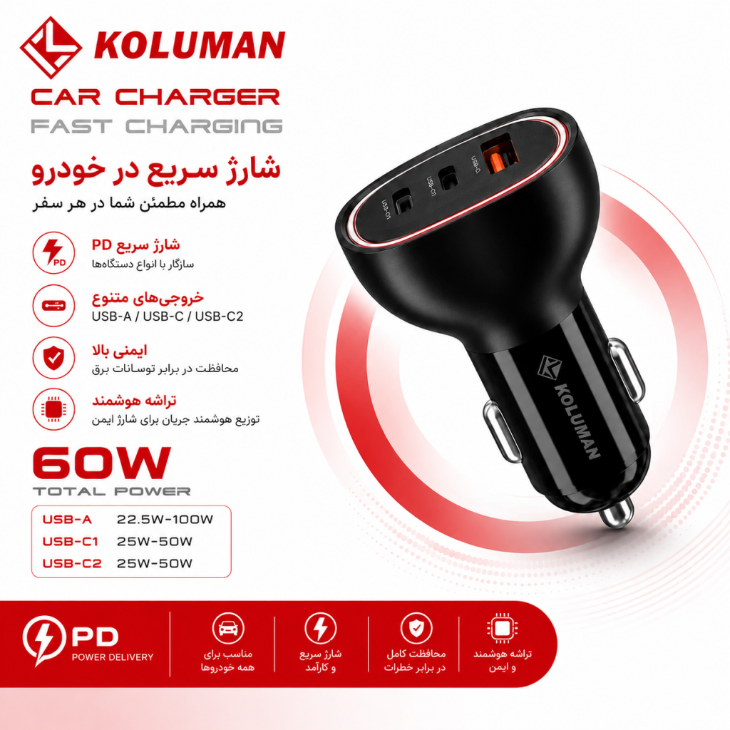 شارژر فندکی کولومن K-C102 PD 60W