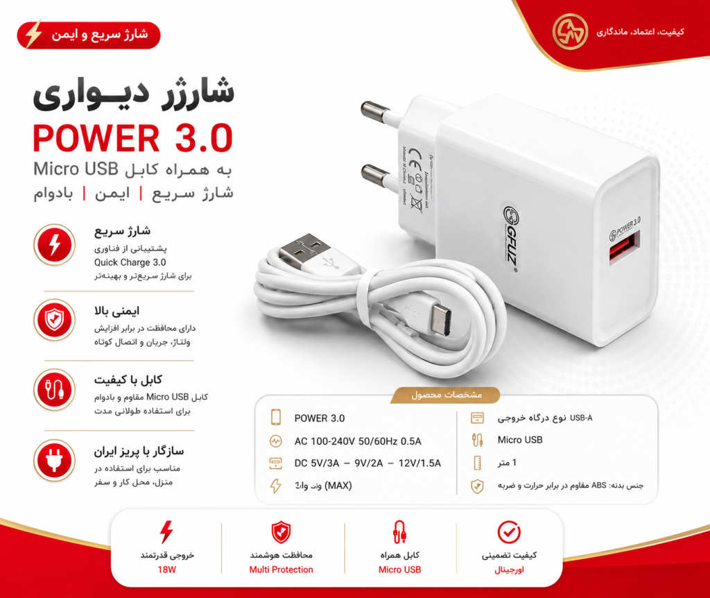 شارژرباکابل تایپ سی18وات جی فیوزمدلGA-03T